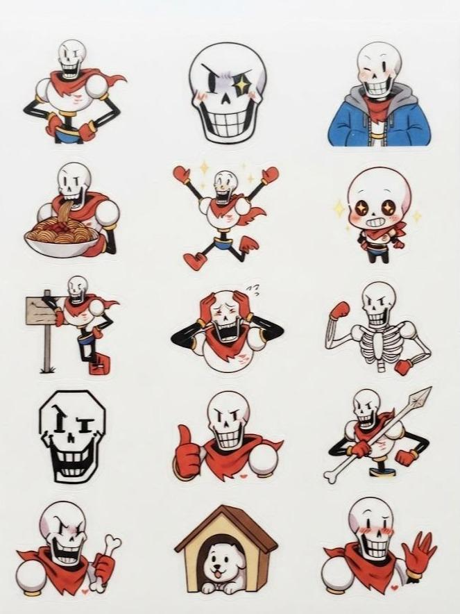 Papyrus Undertale Theme Temporary Tattoos, 15-Piece Pack, 5x5cm Size, Gift for Friends and Fans, Halloween Spirits Fun For Event