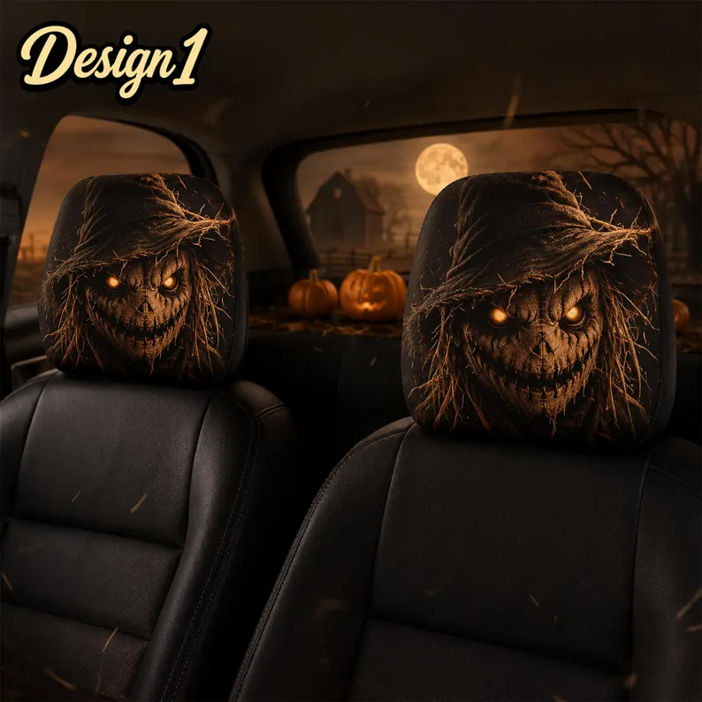 Horror Car Headrest Cover (1pc), Halloween Car Decor, Gothic Skull Seat Cover, Scary Nun Scarecrow Gift