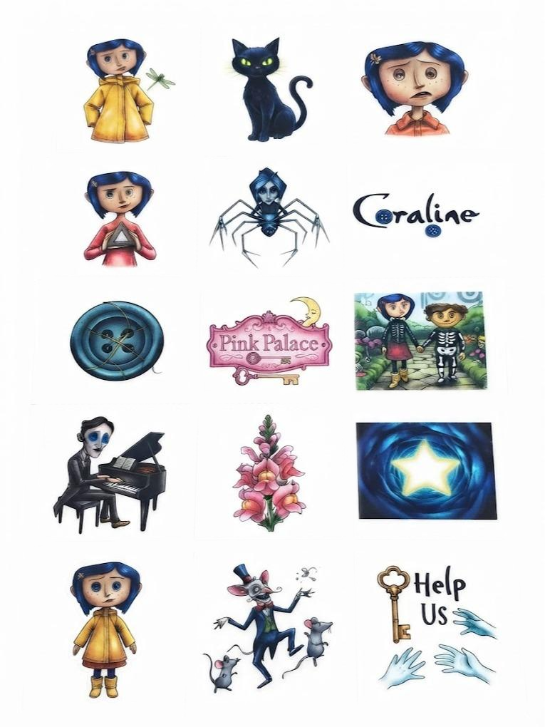 Coraline Theme Temporary Tattoos, 15-Piece Pack, 5x5cm Size, Gift for Friends and Fans, Halloween Spirits Fun For Event
