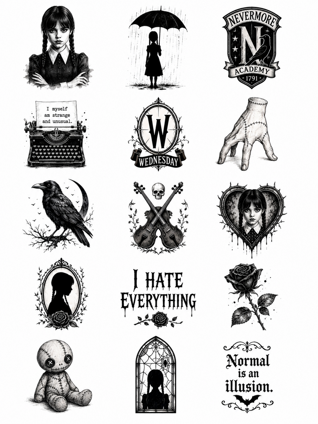 Wednesday Addams Theme Temporary Tattoos, 15-Piece Pack, 5x5cm Size, Gift for Friends and Fans, Halloween Spirits Fun For Event