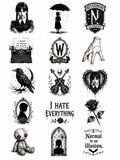 Wednesday Addams Theme Temporary Tattoos, 15-Piece Pack, 5x5cm Size, Gift for Friends and Fans, Halloween Spirits Fun For Event