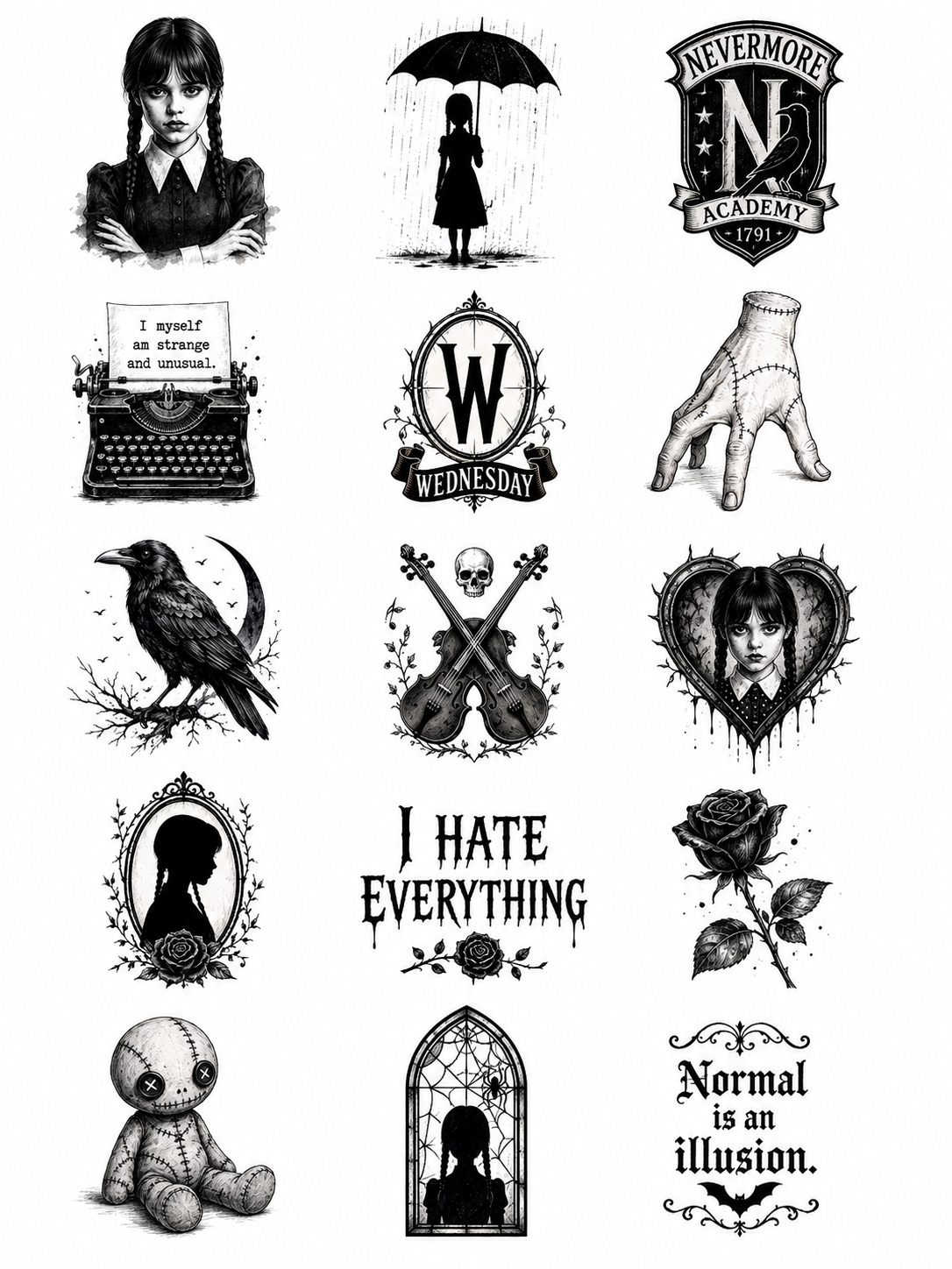 Wednesday Addams Theme Temporary Tattoos, 15-Piece Pack, 5x5cm Size, Gift for Friends and Fans, Halloween Spirits Fun For Event