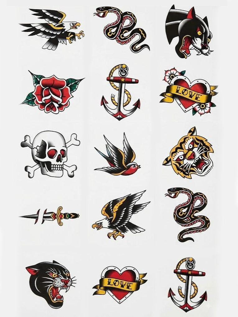 Old School Sailor Temporary Tattoos, Skin Safe | Removable, 15-Piece Pack, 5x5cm Size, Gift for Friends and Fans, Halloween Spirits Fun For Event