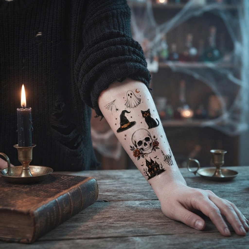 Halloween Theme Temporary Tattoos, 15-Piece Pack, 5x5cm Size, Gift for Friends and Fans, Halloween Spirits Fun For Event
