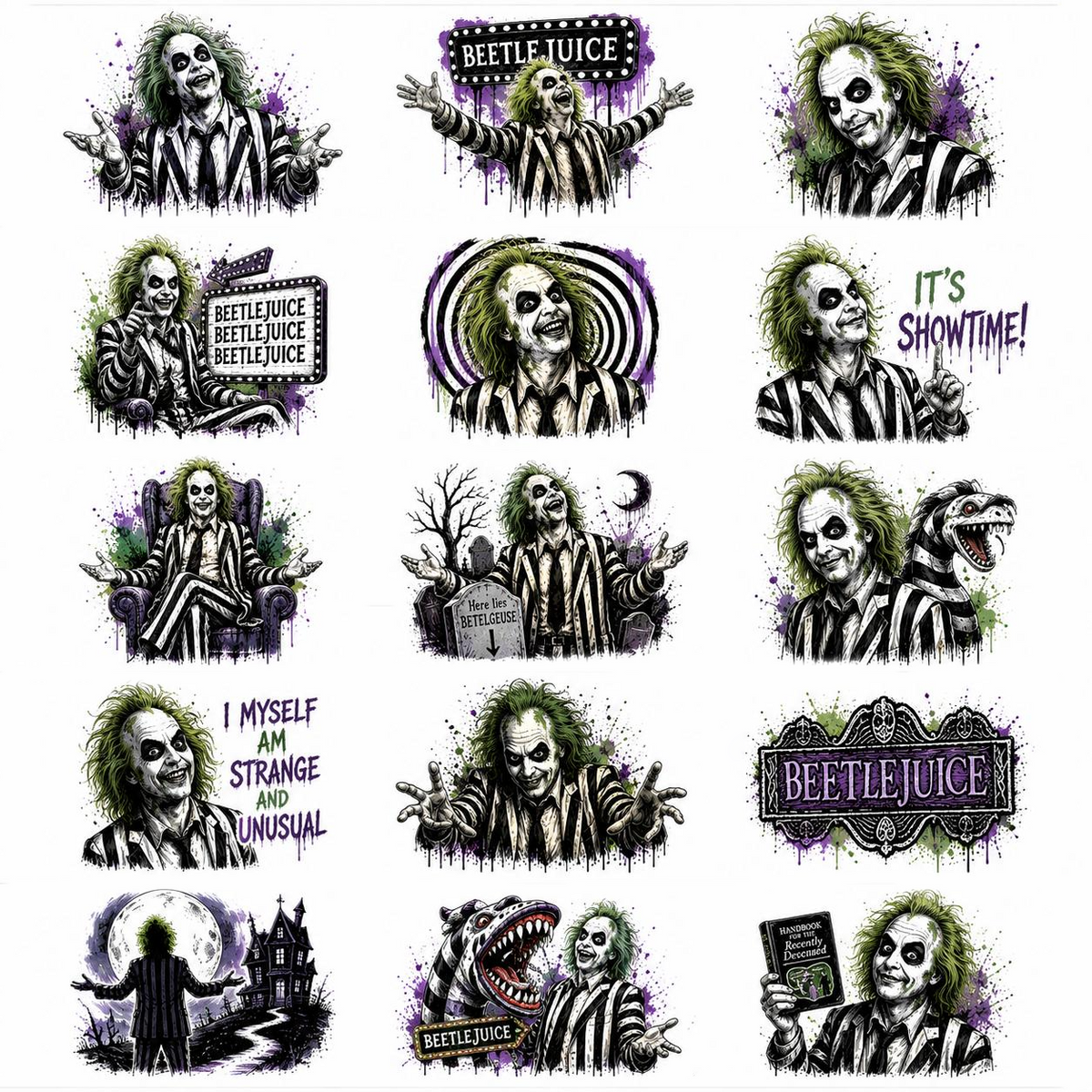 Beetlejuice Theme Temporary Tattoos, 15-Piece Pack, 5x5cm Size, Gift for Friends and Fans, Halloween Spirits Fun For Event