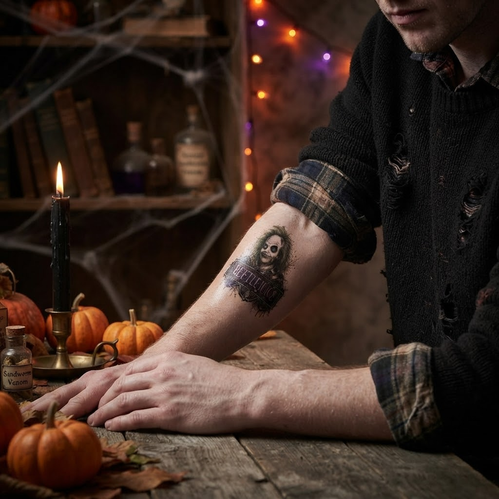 Beetlejuice Theme Temporary Tattoos, 15-Piece Pack, 5x5cm Size, Gift for Friends and Fans, Halloween Spirits Fun For Event
