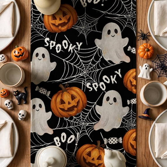 Boo Ghost Pumpkins Spider Halloween Table Runner, Seasonal Fall Kitchen Dining Table Decoration for Home Party Decor