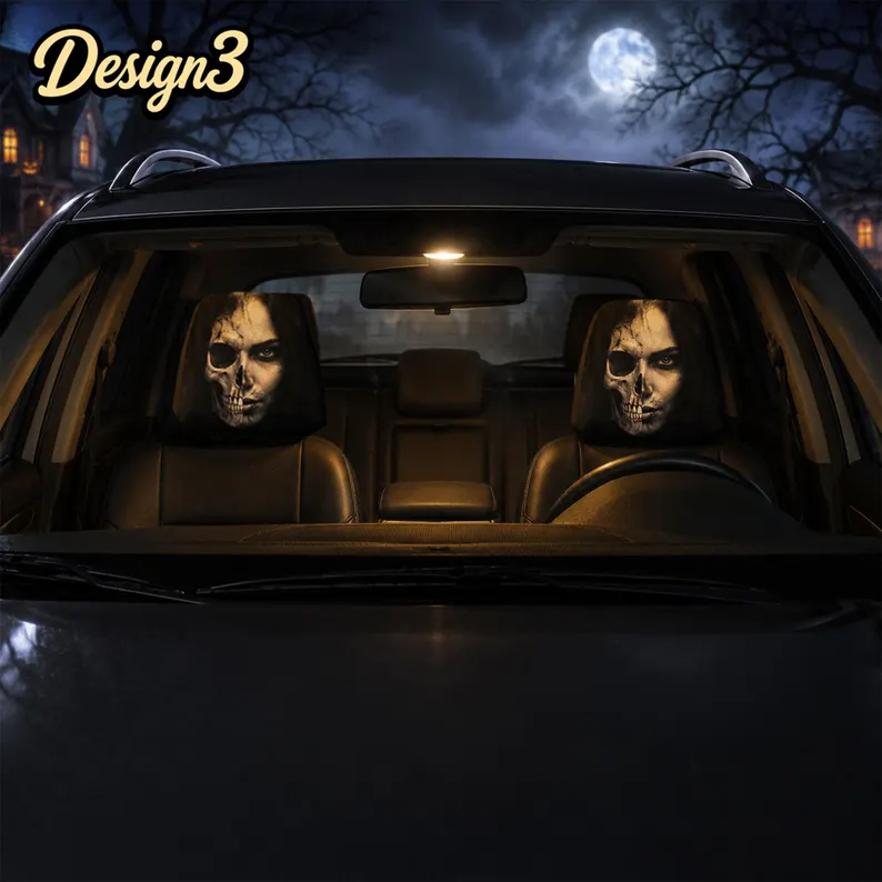 Horror Car Headrest Cover (1pc), Halloween Car Decor, Gothic Skull Seat Cover, Scary Nun Scarecrow Gift