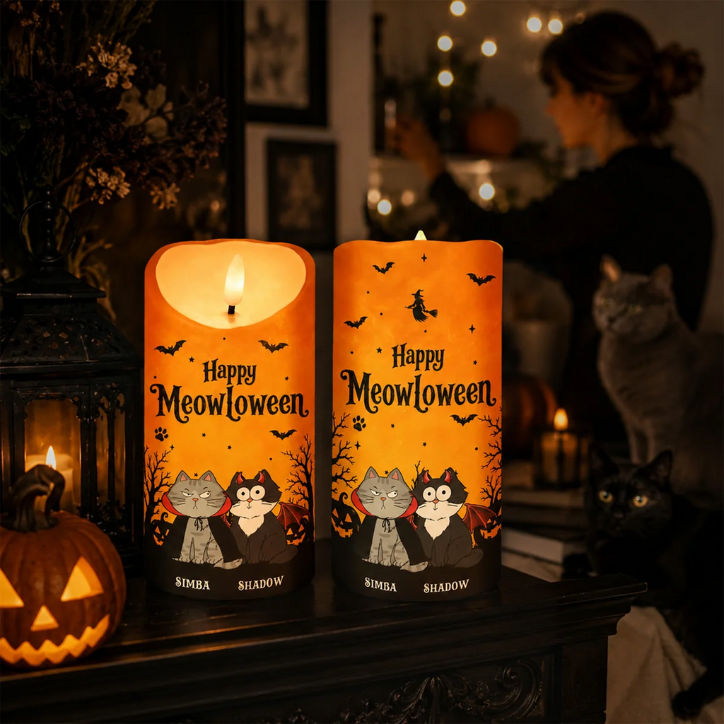 🐱 Cat Mom Happy Meowloween - Personalized LED Candle - Purrfect Halloween Decor for Cat Lover