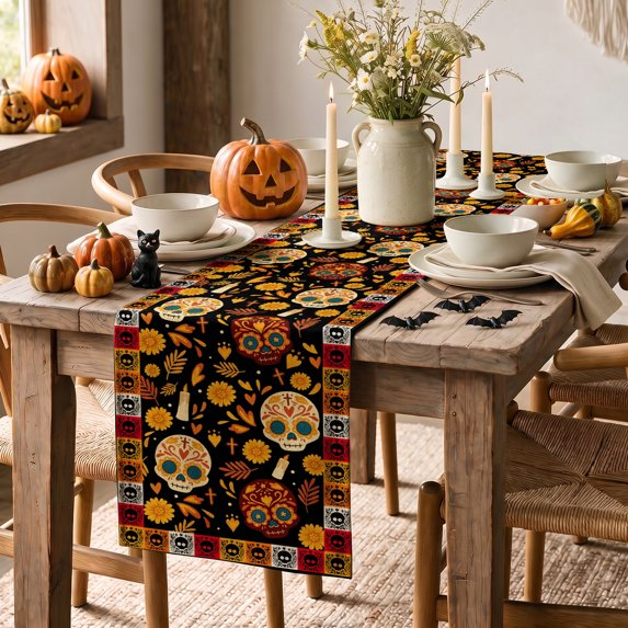 Halloween Table Runner， Watercolor Marigolds Skull Day of The Dead Table Runner for kitchen Dining Fiesta Party Home Decor