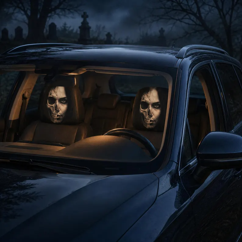 Horror Car Headrest Cover (1pc), Halloween Car Decor, Gothic Skull Seat Cover, Scary Nun Scarecrow Gift
