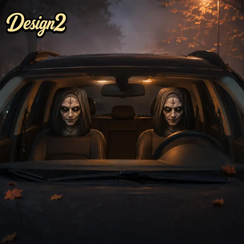 Horror Car Headrest Cover (1pc), Halloween Car Decor, Gothic Skull Seat Cover, Scary Nun Scarecrow Gift