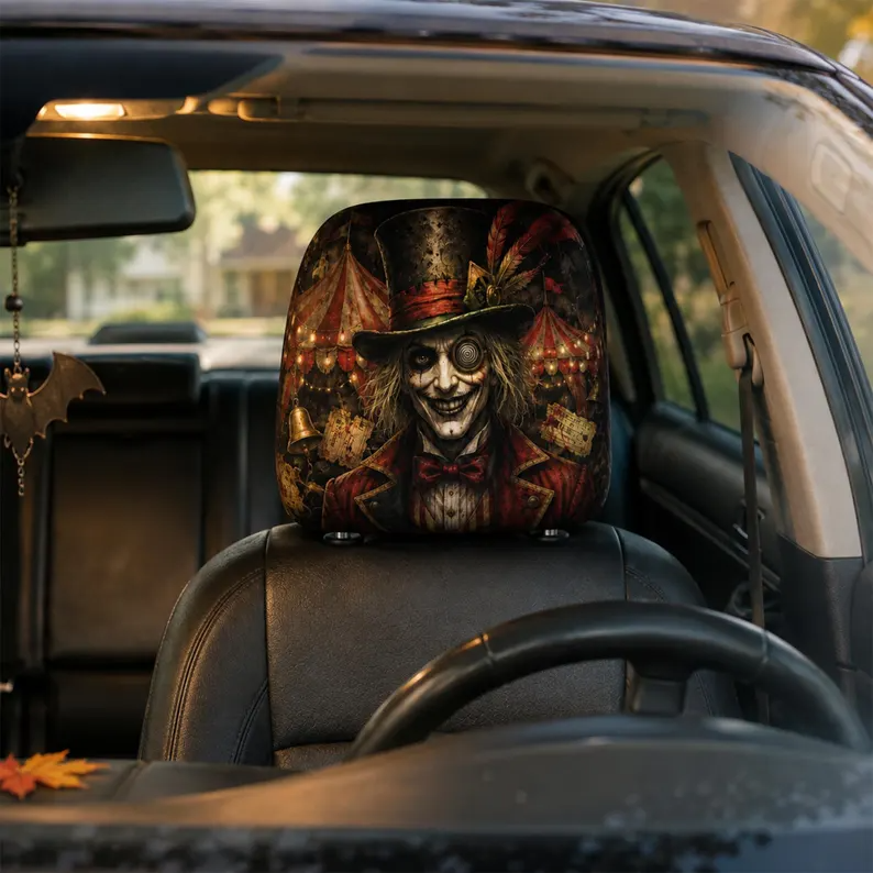 Spooky Storybook Car Headrest Cover (1pc), Haunted Doll, Mystic Owl Spirit, Candy Witch, Dark Carnival Halloween Auto Decor