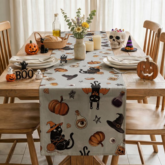 Black Cat Yarn Ball Witch Hat Potion Pumpkin Halloween Table Runner, Seasonal Fall Kitchen Dining Table Decoration for Home Party Decor