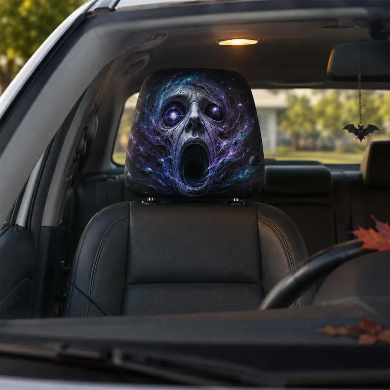 Spooky Storybook Car Headrest Cover (1pc), Haunted Doll, Mystic Owl Spirit, Candy Witch, Dark Carnival Halloween Auto Decor
