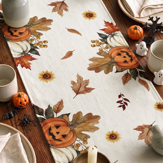 Ghost Pumpkins Maple Leaves Halloween Table Runner, Seasonal Fall Kitchen Dining Table Decoration for Home Party Decor