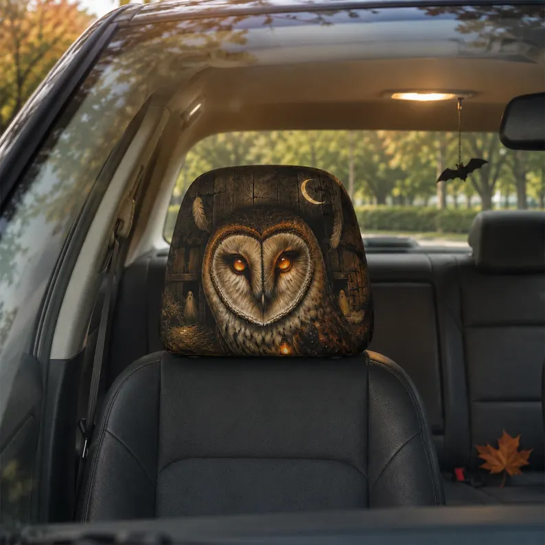 Spooky Storybook Car Headrest Cover (1pc), Haunted Doll, Mystic Owl Spirit, Candy Witch, Dark Carnival Halloween Auto Decor