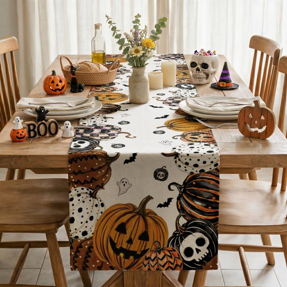 Mexican Skull Pumpkins Ghost Halloween Table Runner, Day of the Dead Kitchen Dining Table Decoration for Home Party Decor