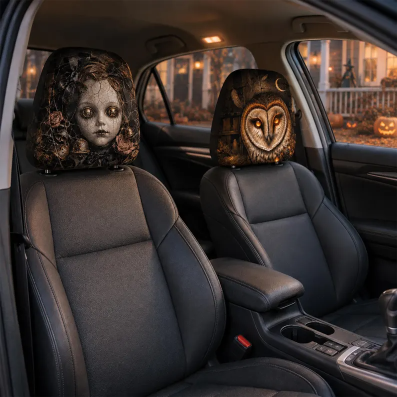Spooky Storybook Car Headrest Cover (1pc), Haunted Doll, Mystic Owl Spirit, Candy Witch, Dark Carnival Halloween Auto Decor