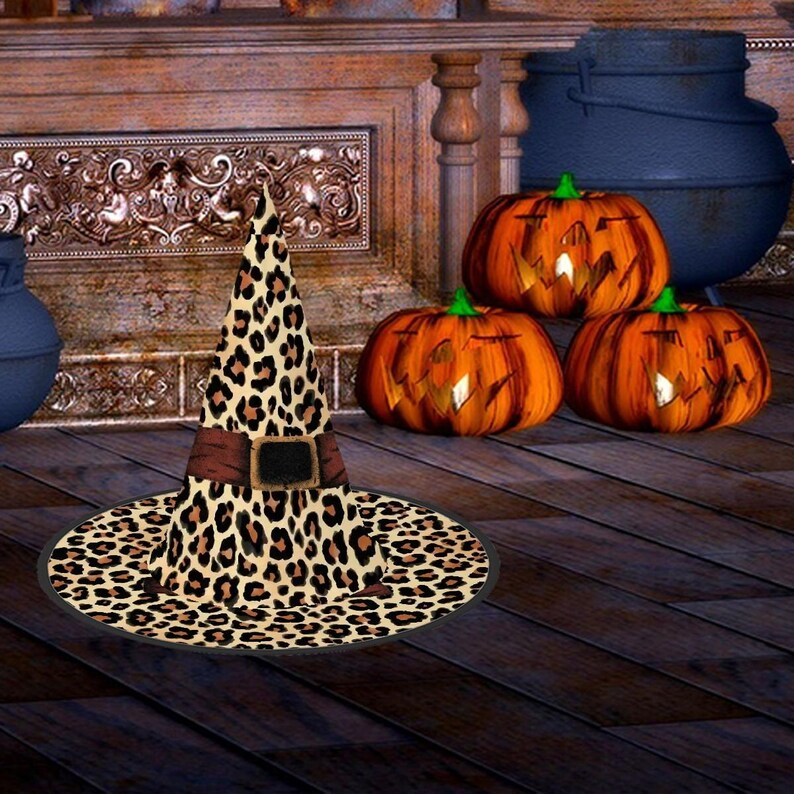Halloween Witch Hat Leopard Print, Halloween Custom, Spooky Season Gift, Accessories for Porch Yard Indoor Outdoor Decor