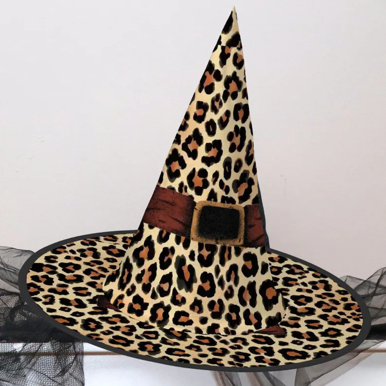 Halloween Witch Hat Leopard Print, Halloween Custom, Spooky Season Gift, Accessories for Porch Yard Indoor Outdoor Decor