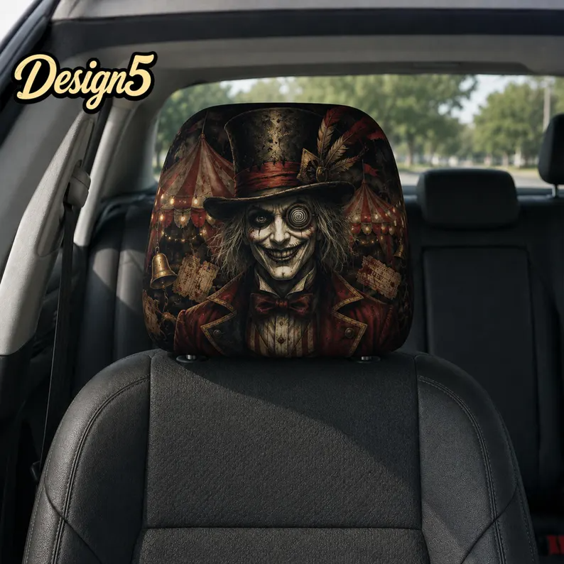 Spooky Storybook Car Headrest Cover (1pc), Haunted Doll, Mystic Owl Spirit, Candy Witch, Dark Carnival Halloween Auto Decor