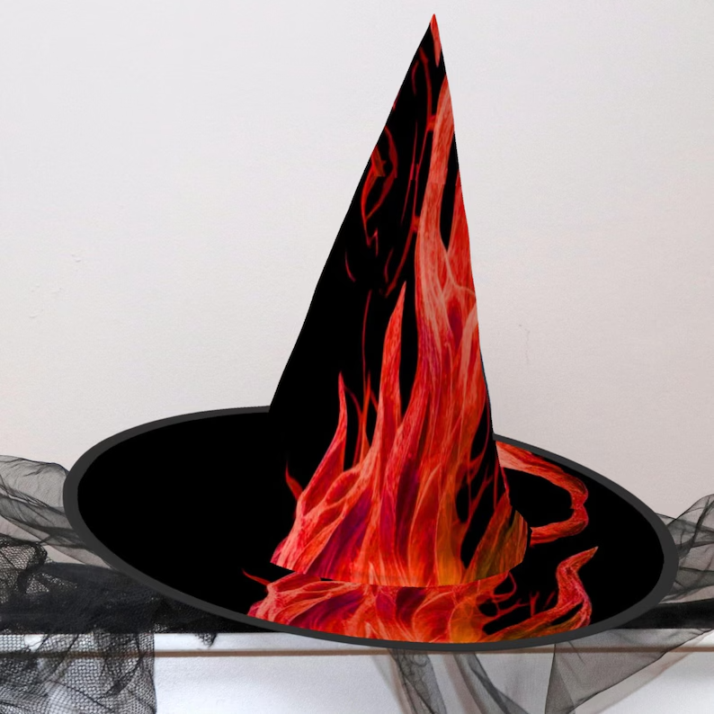 Flaming Witch Hat: Red Fire Design Halloween Costume, Spooky Season Gift, Accessories for Porch Yard Indoor Outdoor Decor