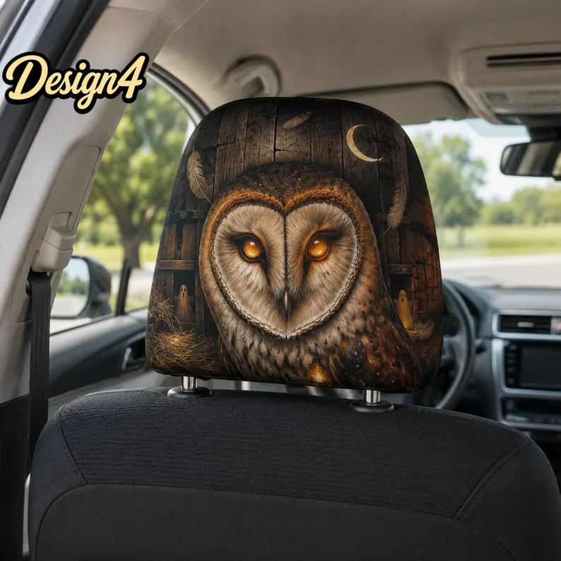 Spooky Storybook Car Headrest Cover (1pc), Haunted Doll, Mystic Owl Spirit, Candy Witch, Dark Carnival Halloween Auto Decor