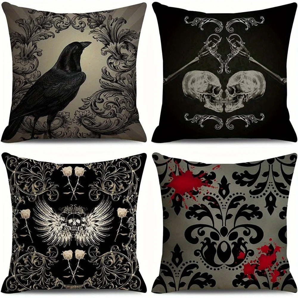 Gothic Raven Skull Pillow Cover, Dark Halloween Throw Cushion Case, Spooky Blood Splatter Design, Gothic Home Decor for Sofa, Bedroom & Car