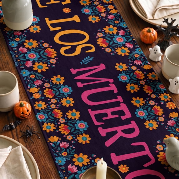 Suger Skull Halloween Table Runner,Watercolor Marigolds Skull Day of The Dead Table Runner，Supplies for kitchen Dining Roon,Halloween Home Party Decor