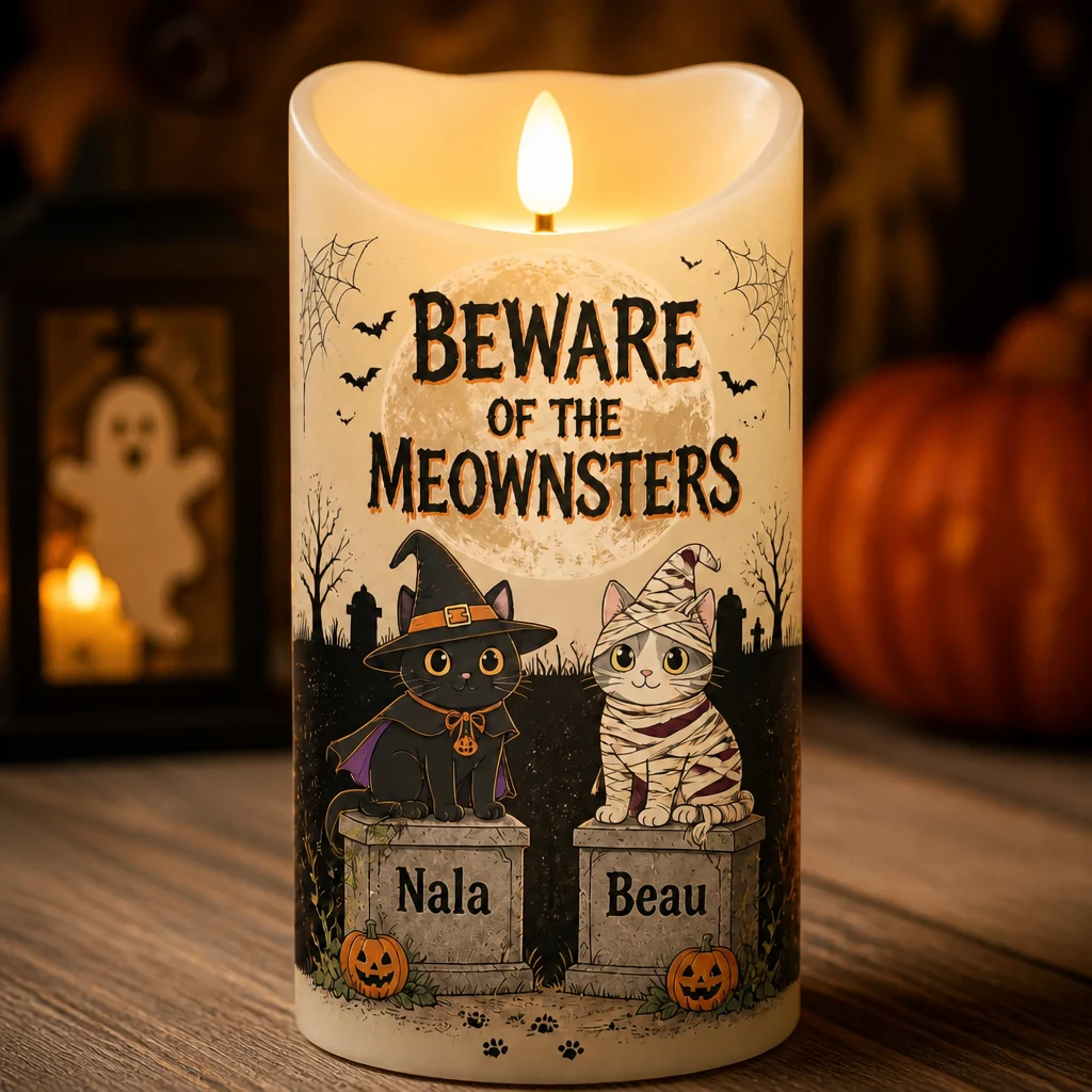 Halloween Personalized Cat LED Candle – Beware of the Meownsters, Custom Flameless Candle with 2 Cat Names (Copy)