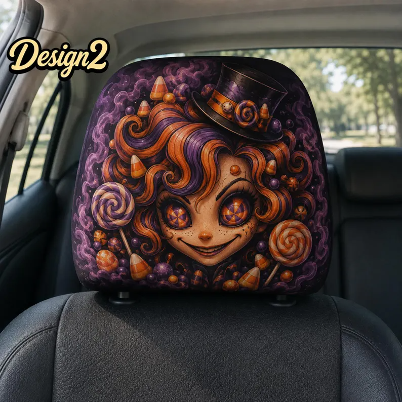 Spooky Storybook Car Headrest Cover (1pc), Haunted Doll, Mystic Owl Spirit, Candy Witch, Dark Carnival Halloween Auto Decor