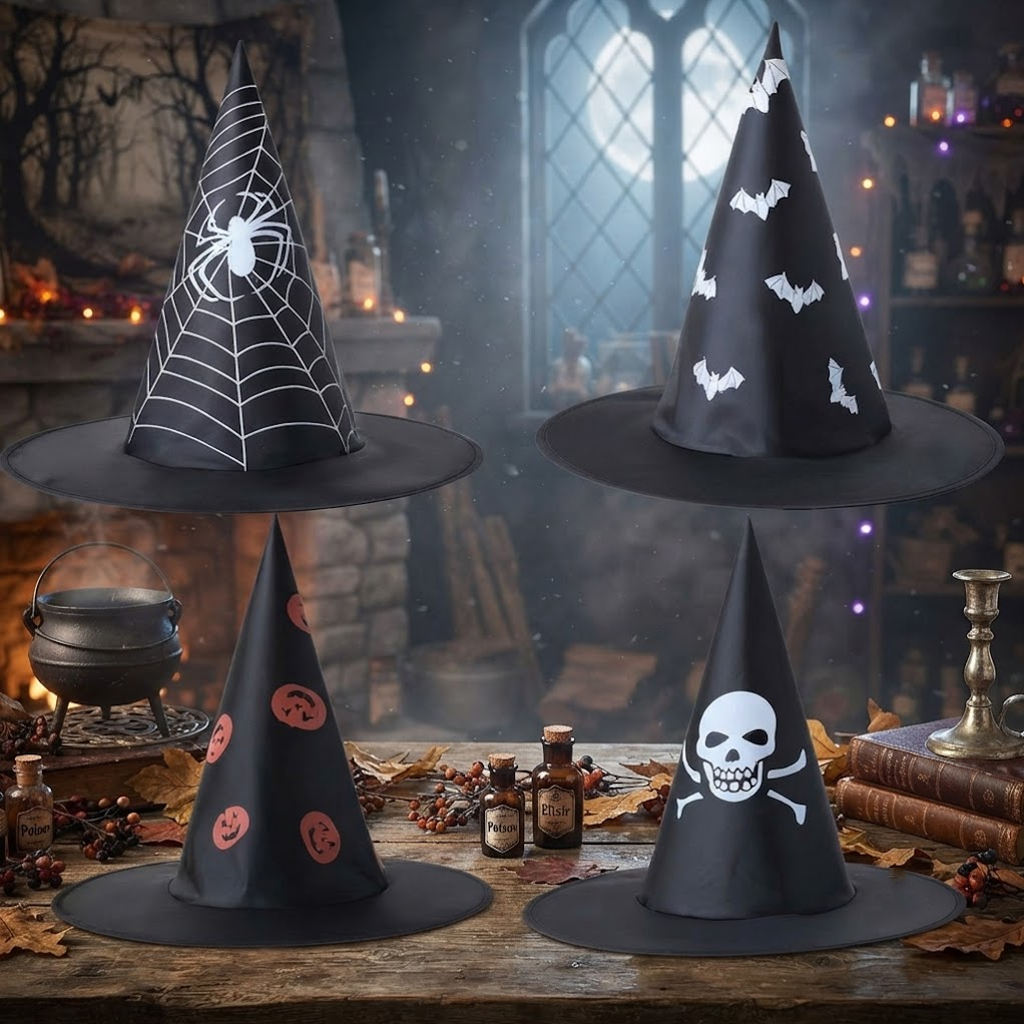 Black Witch Wizard Hat with Pumpkin Spider Web Bat Prints Halloween Decoration and Cosplay Costume Props, Accessories for Porch Yard Indoor Outdoor Decor