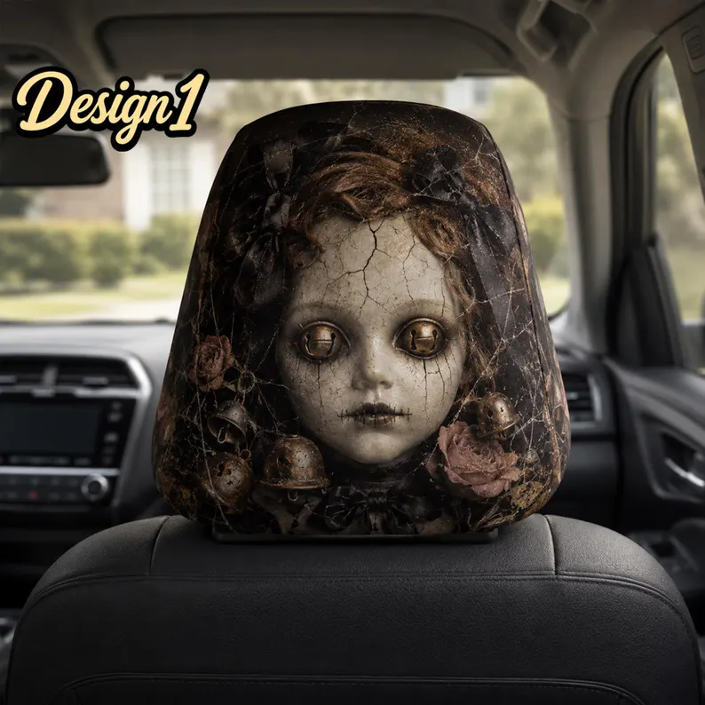 Spooky Storybook Car Headrest Cover (1pc), Haunted Doll, Mystic Owl Spirit, Candy Witch, Dark Carnival Halloween Auto Decor