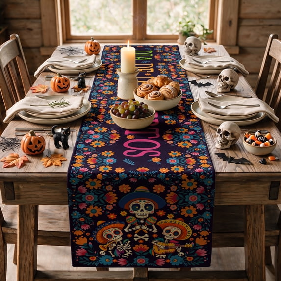 Suger Skull Halloween Table Runner,Watercolor Marigolds Skull Day of The Dead Table Runner，Supplies for kitchen Dining Roon,Halloween Home Party Decor