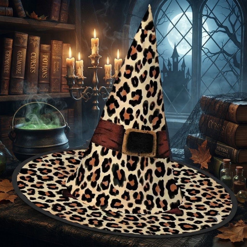 Halloween Witch Hat Leopard Print, Halloween Custom, Spooky Season Gift, Accessories for Porch Yard Indoor Outdoor Decor