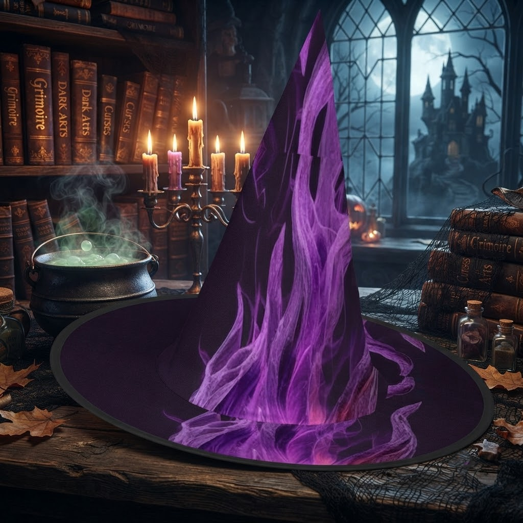 Flaming Witch Hat: Purple Fire Halloween Costume, Spooky Cosplay, Spooky Season Gift, Accessories for Porch Yard Indoor Outdoor Decor