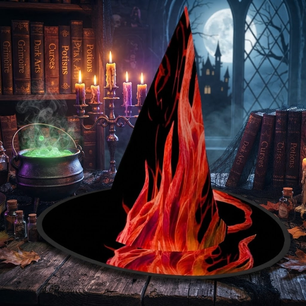 Flaming Witch Hat: Red Fire Design Halloween Costume, Spooky Season Gift, Accessories for Porch Yard Indoor Outdoor Decor