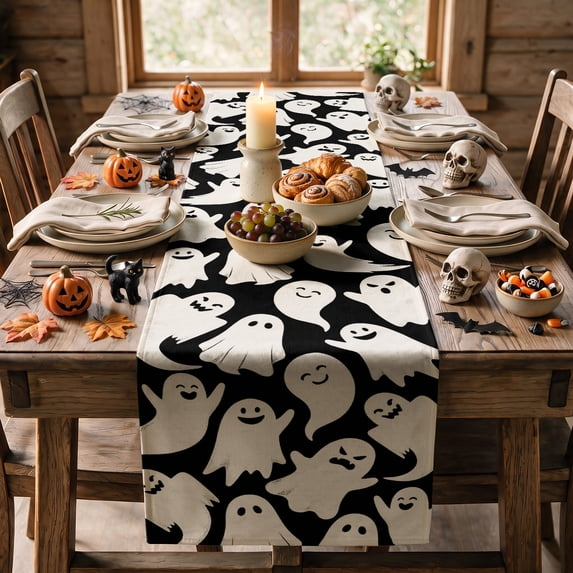 White Ghost Halloween Table Runner, Seasonal Fall Kitchen Dining Table Decoration for Home Party Decor, Black