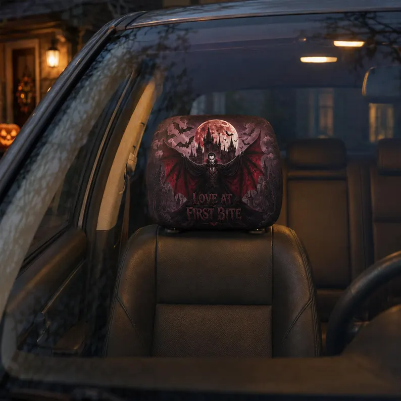 Moonlit Halloween Headrest Cover (1pc), Wolf Vampire Black Cat Pumpkin Car Decor, Spooky Auto Accessory