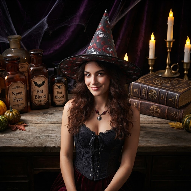 Halloween Skull And Roses Witch Hat Party, Witch Hat Costume Props, Black Witch Hat, Spooky Season Gift, Accessories for Porch Yard Indoor Outdoor Decor