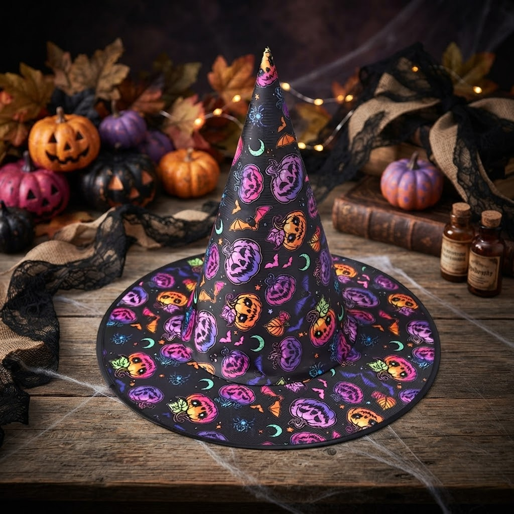 Halloween Black Purple Witch Hat Costume Pumpkins Pattern, Cosplay Headwear for Halloween, Costume and Makeup Party Decor