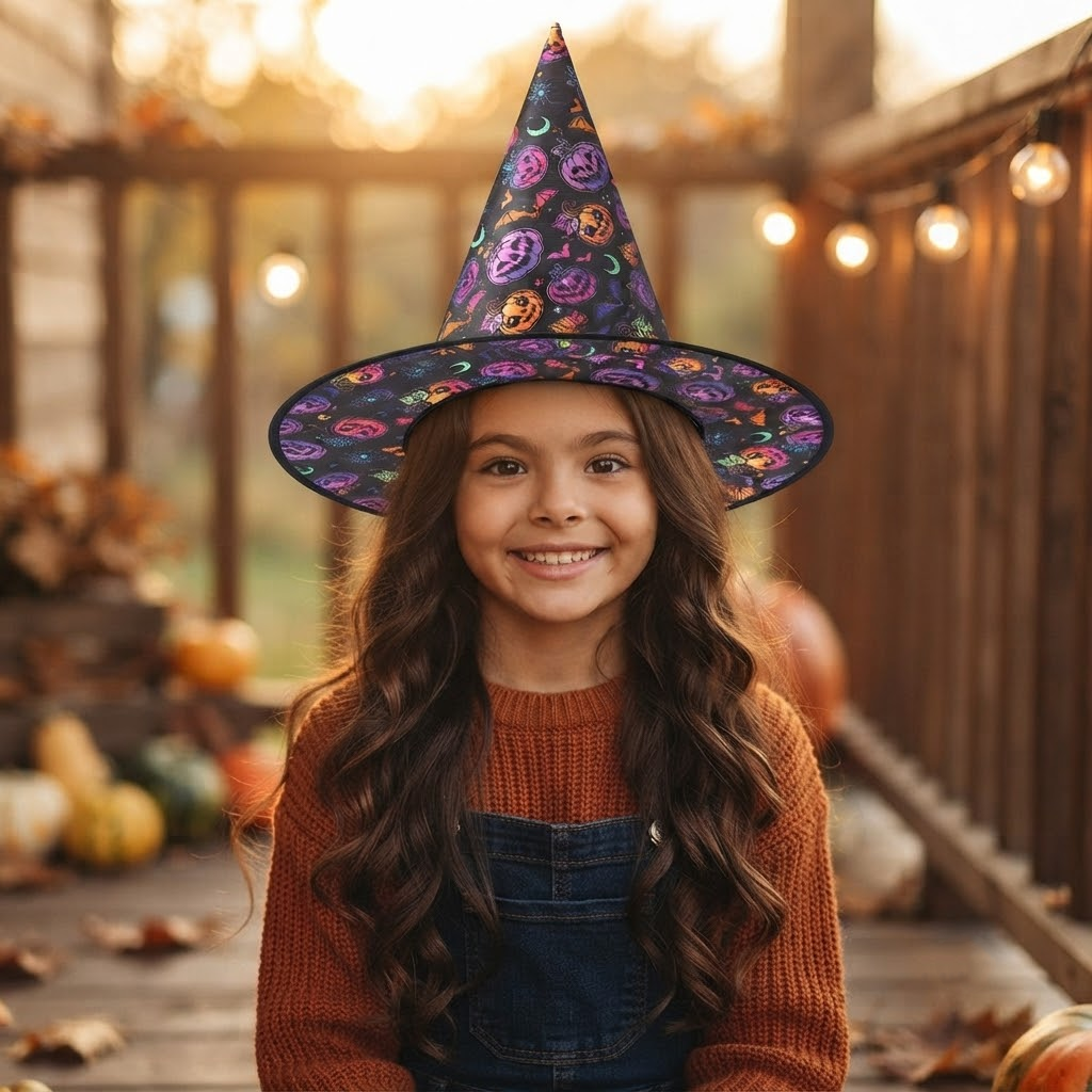 Halloween Black Purple Witch Hat Costume Pumpkins Pattern, Cosplay Headwear for Halloween, Costume and Makeup Party Decor
