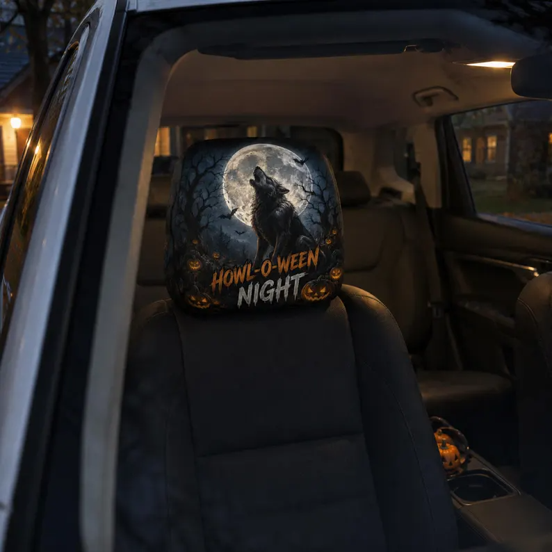 Moonlit Halloween Headrest Cover (1pc), Wolf Vampire Black Cat Pumpkin Car Decor, Spooky Auto Accessory