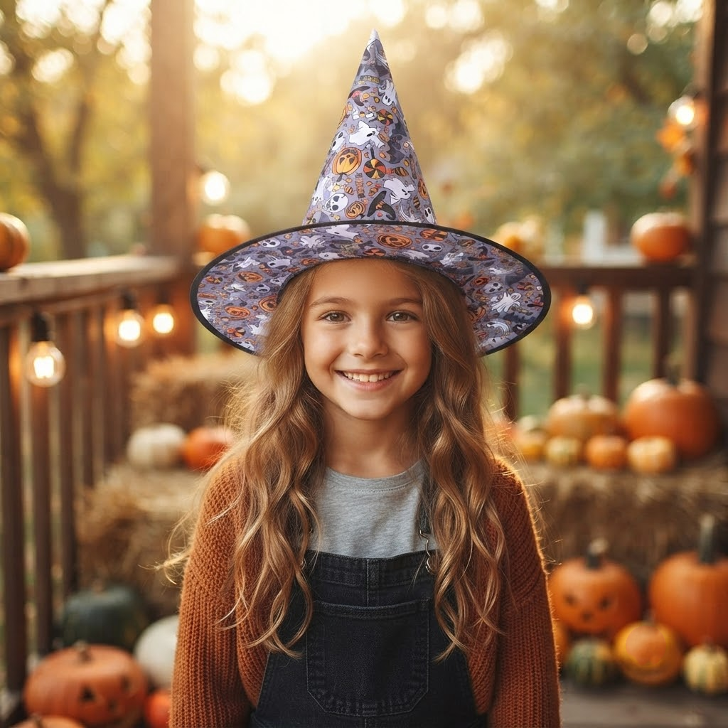 Halloween Pastel Purple Witch Hat Costume Pumpkins Pattern, Cosplay Headwear for Halloween, Costume and Makeup Party Decor