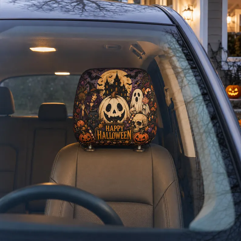 Moonlit Halloween Headrest Cover (1pc), Wolf Vampire Black Cat Pumpkin Car Decor, Spooky Auto Accessory