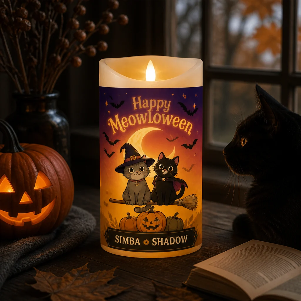 🎃 Happy Meowloween Personalized Cat LED Candle - Personalized Custom Led Flameless Candle