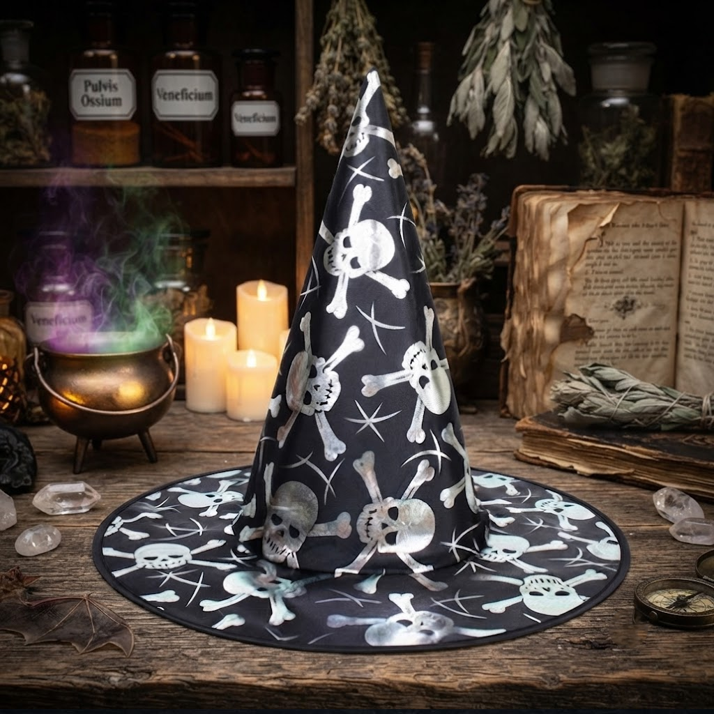 Halloween Hat Children Adults Magic Wizard Hat Party Costume Accessories Skulls Printed Pointed Witch Hat, Spooky Season Gift, Accessories for Porch Yard Indoor Outdoor Decor