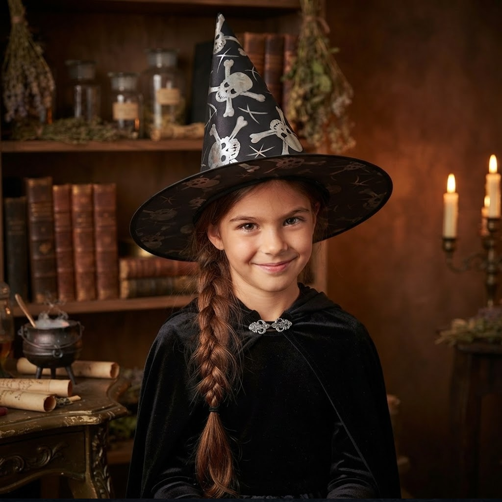 Halloween Hat Children Adults Magic Wizard Hat Party Costume Accessories Skulls Printed Pointed Witch Hat, Spooky Season Gift, Accessories for Porch Yard Indoor Outdoor Decor