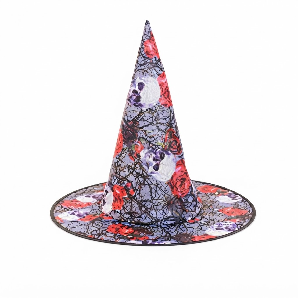 Halloween Hat Children Adults Magic Wizard Hat Party Costume Accessories Skulls And Thorns Printed Pointed Witch Hat, Spooky Season Gift, Accessories for Porch Yard Indoor Outdoor Decor